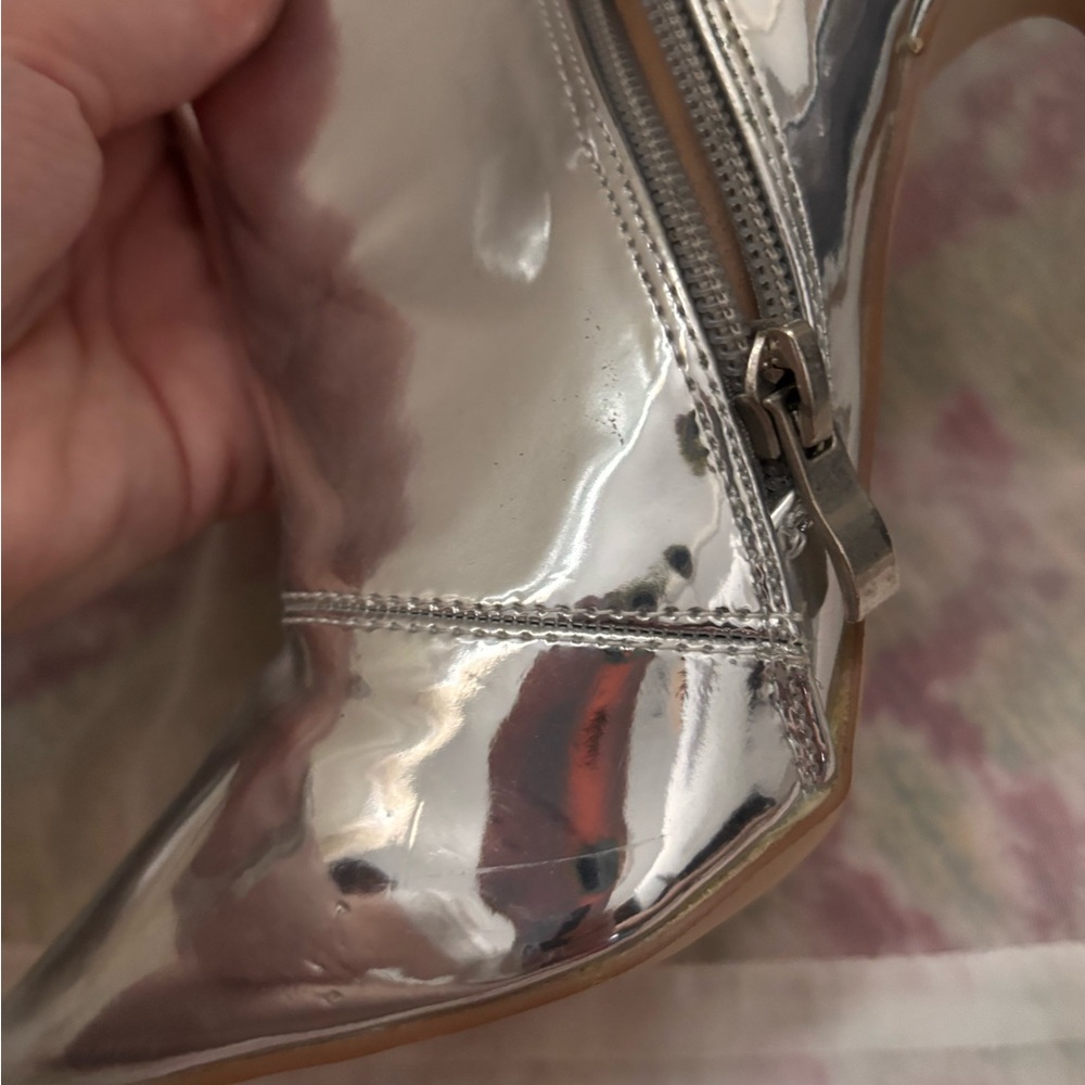 Metallic Silver Women's Ankle Boots - High Heel Zip Booties - Picture 13 of 15